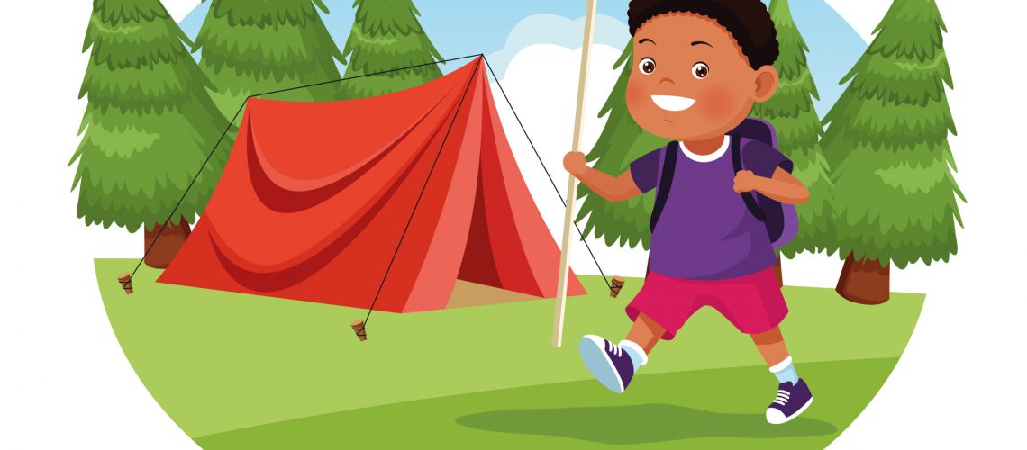 children on school field trip afroamerican boy student walking with bag and flag in round icon outdoor forest landscape avatar cartoon character