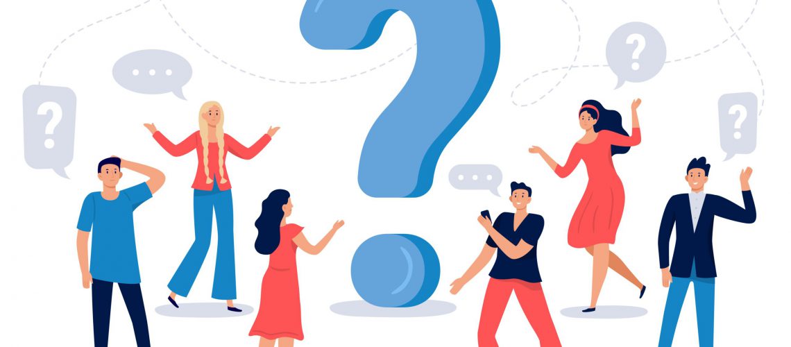 People ask question. Confused person asking questions, crowd finding answers and question sign vector illustration. Collective brainstorm, mutual assistance concept. Public problem solution platform